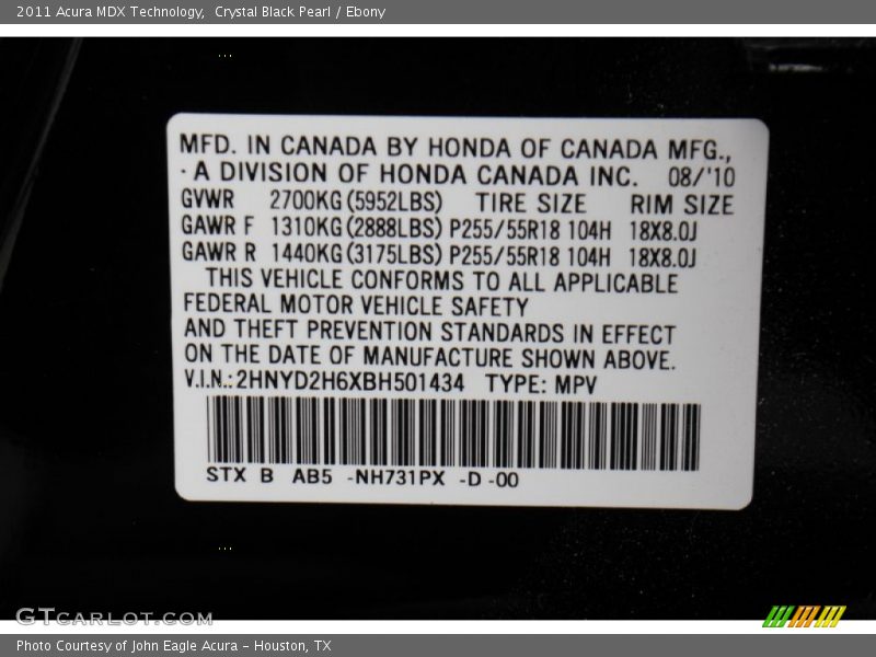 Crystal Black Pearl / Ebony 2011 Acura MDX Technology
