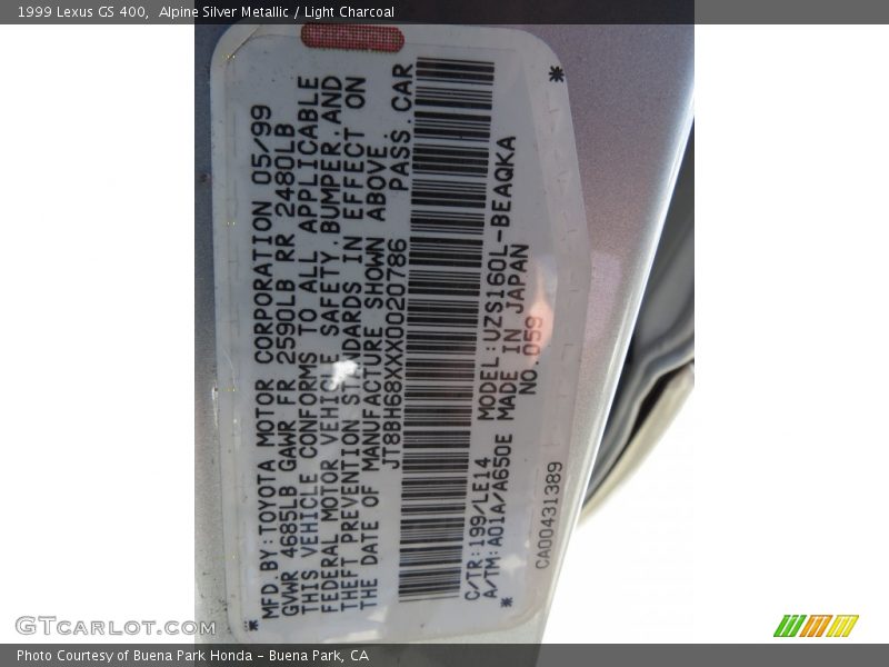 Alpine Silver Metallic / Light Charcoal 1999 Lexus GS 400
