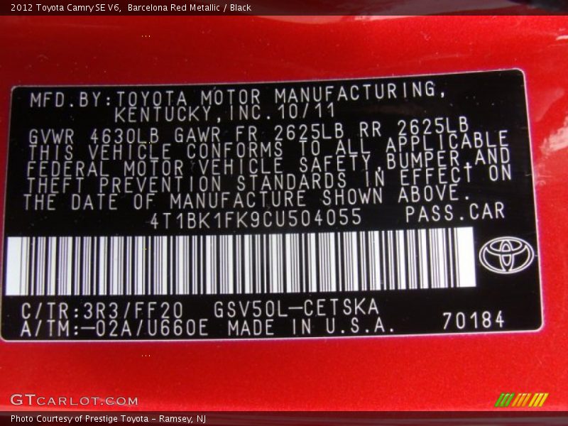 Barcelona Red Metallic / Black 2012 Toyota Camry SE V6