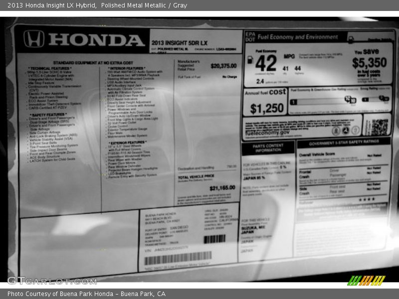  2013 Insight LX Hybrid Window Sticker