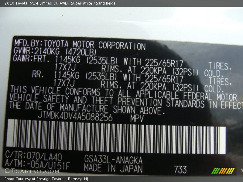 Super White / Sand Beige 2010 Toyota RAV4 Limited V6 4WD