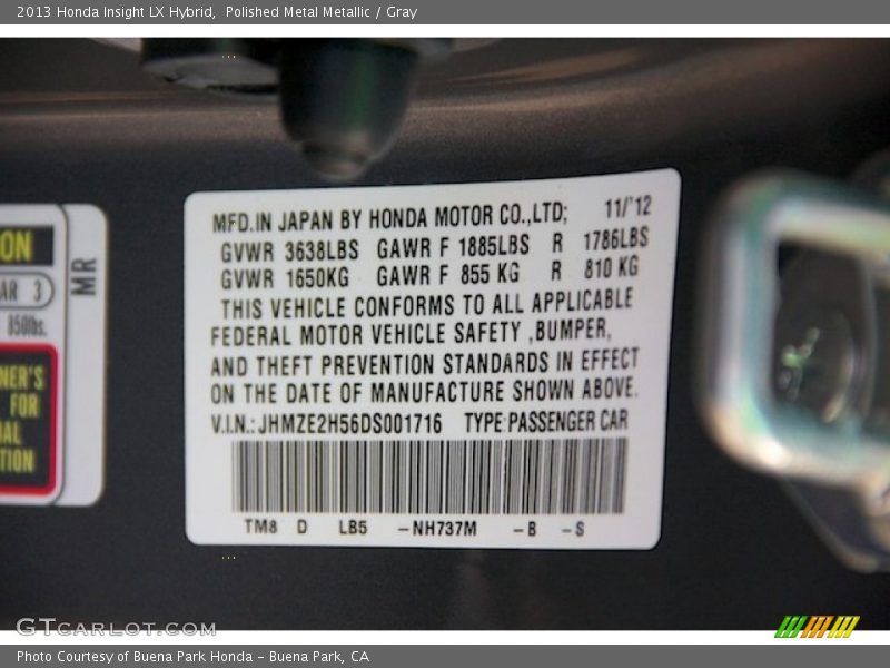 Polished Metal Metallic / Gray 2013 Honda Insight LX Hybrid