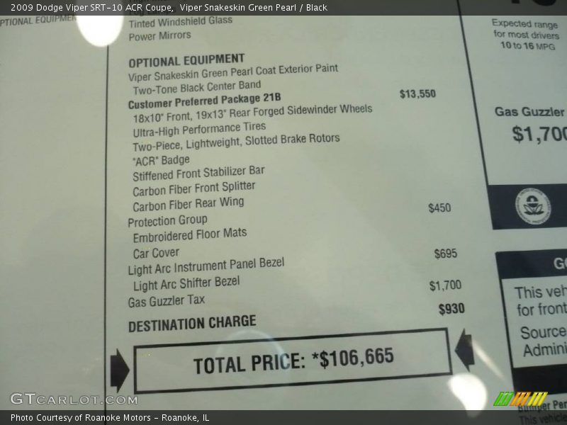  2009 Viper SRT-10 ACR Coupe Window Sticker