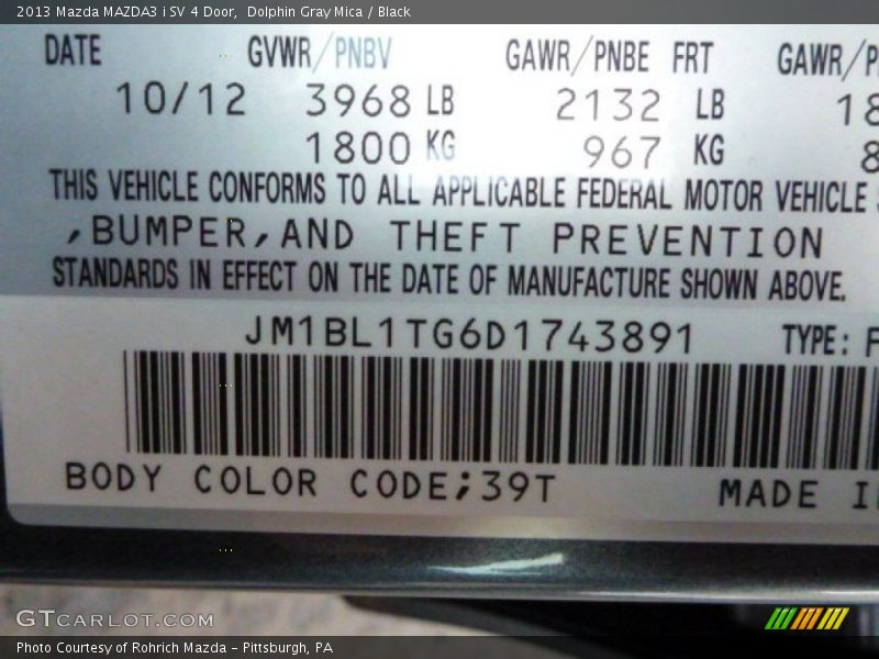 2013 MAZDA3 i SV 4 Door Dolphin Gray Mica Color Code 39T