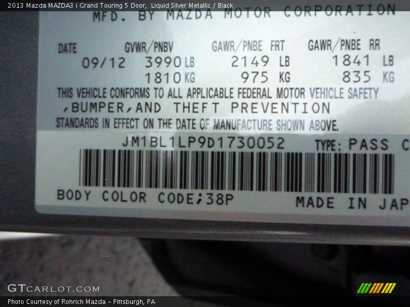 Liquid Silver Metallic / Black 2013 Mazda MAZDA3 i Grand Touring 5 Door