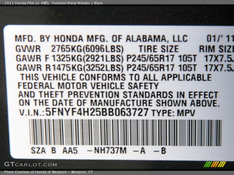 Polished Metal Metallic / Black 2011 Honda Pilot LX 4WD