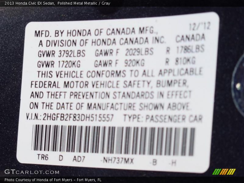 Polished Metal Metallic / Gray 2013 Honda Civic EX Sedan
