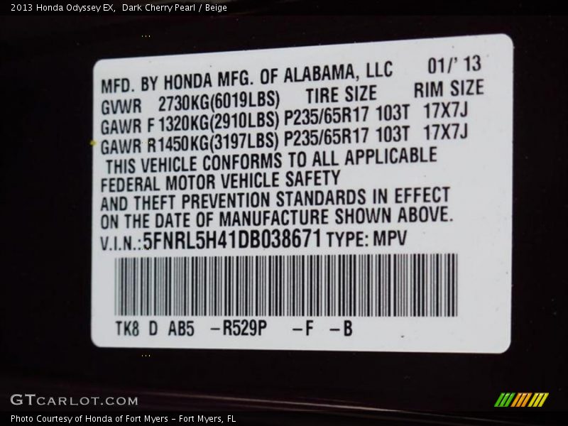 Dark Cherry Pearl / Beige 2013 Honda Odyssey EX