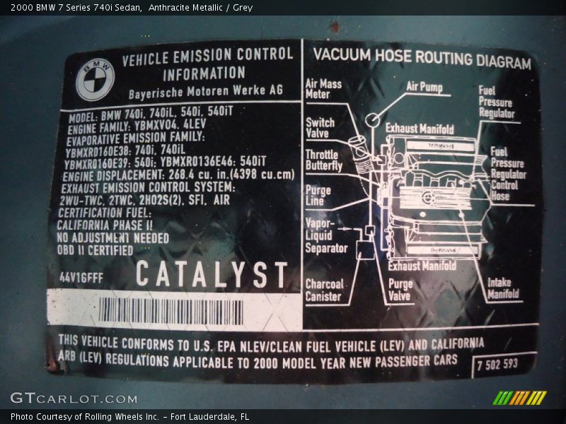 Info Tag of 2000 7 Series 740i Sedan