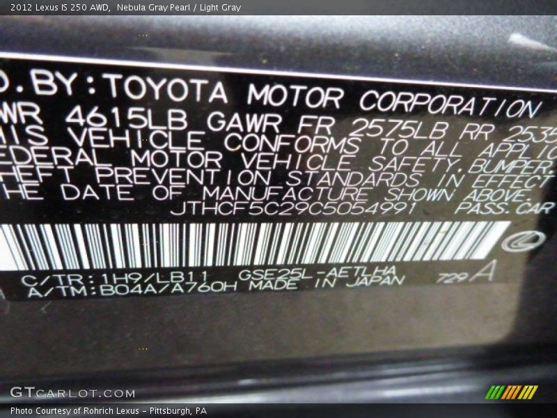 Nebula Gray Pearl / Light Gray 2012 Lexus IS 250 AWD