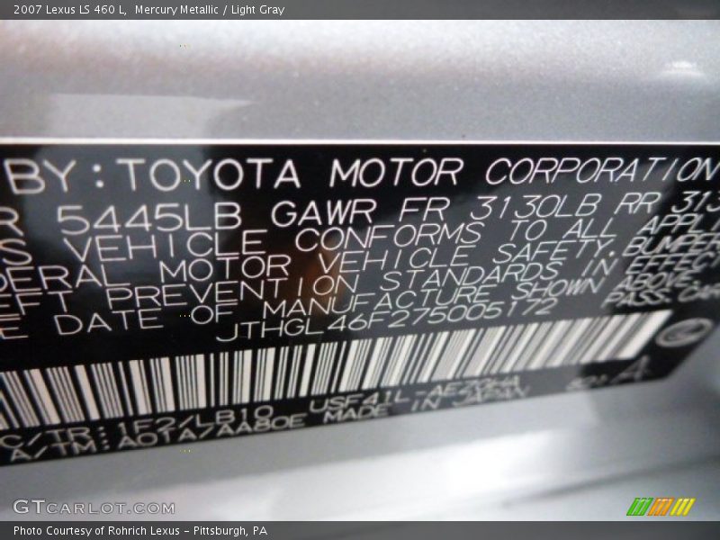 Mercury Metallic / Light Gray 2007 Lexus LS 460 L