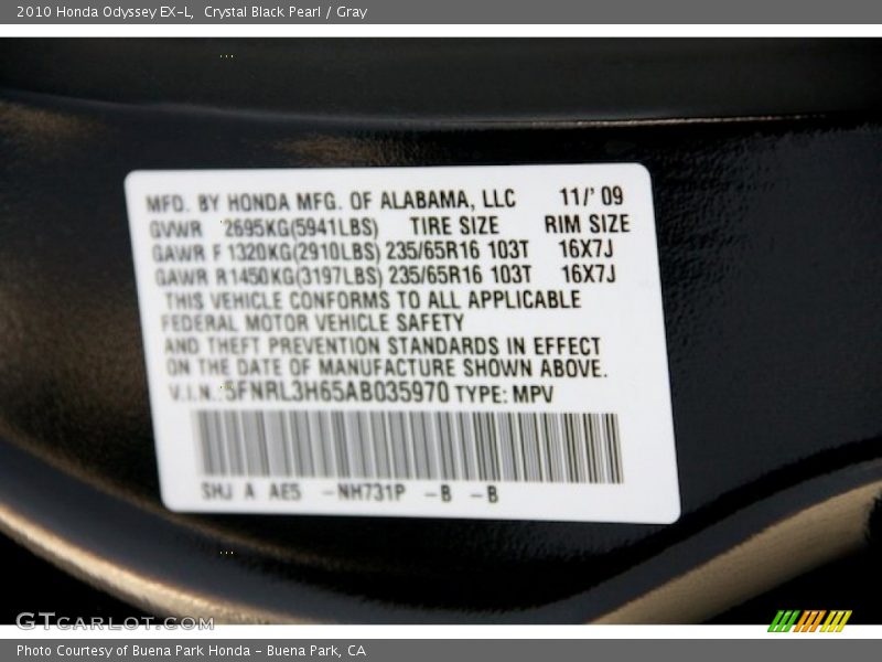 Crystal Black Pearl / Gray 2010 Honda Odyssey EX-L