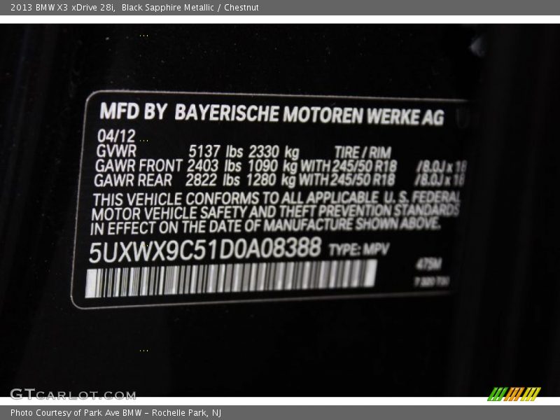 2013 X3 xDrive 28i Black Sapphire Metallic Color Code 475