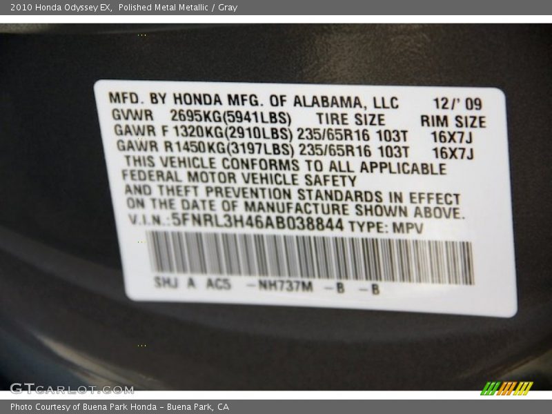 Polished Metal Metallic / Gray 2010 Honda Odyssey EX