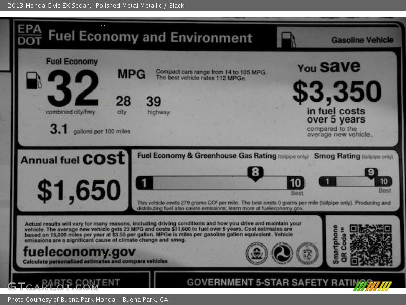 Polished Metal Metallic / Black 2013 Honda Civic EX Sedan