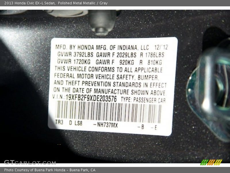 2013 Civic EX-L Sedan Polished Metal Metallic Color Code NH737MX