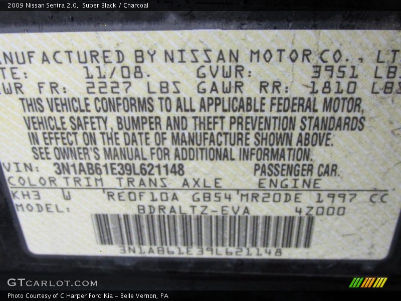 Super Black / Charcoal 2009 Nissan Sentra 2.0