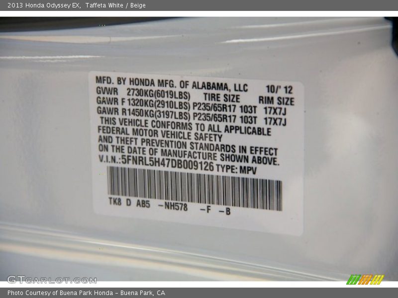 Taffeta White / Beige 2013 Honda Odyssey EX