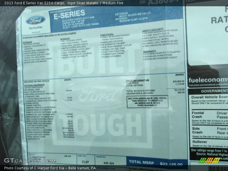  2013 E Series Van E350 Cargo Window Sticker