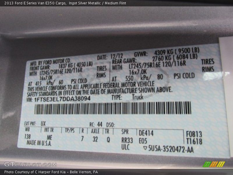2013 E Series Van E350 Cargo Ingot Silver Metallic Color Code UX