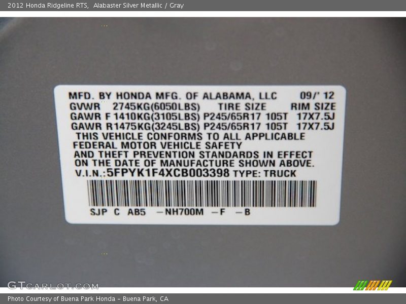 Alabaster Silver Metallic / Gray 2012 Honda Ridgeline RTS