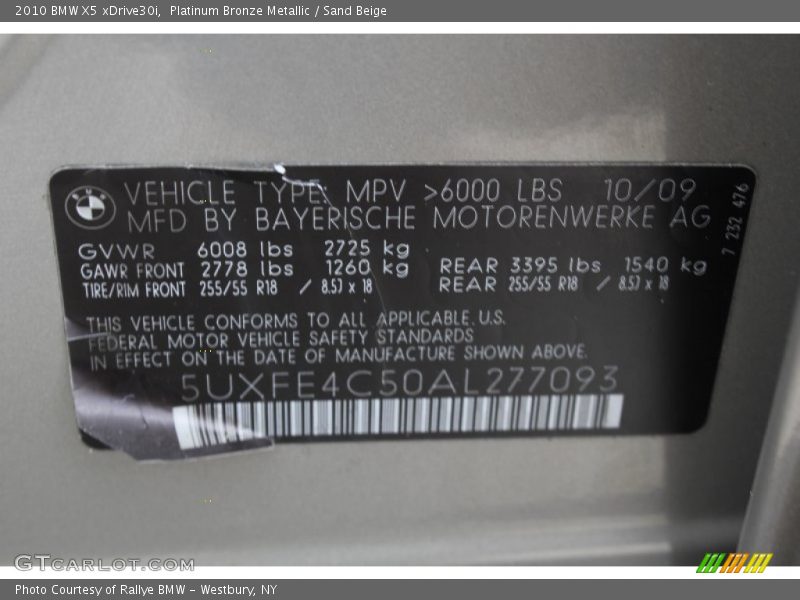 Platinum Bronze Metallic / Sand Beige 2010 BMW X5 xDrive30i