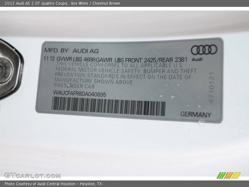 Info Tag of 2013 A5 2.0T quattro Coupe