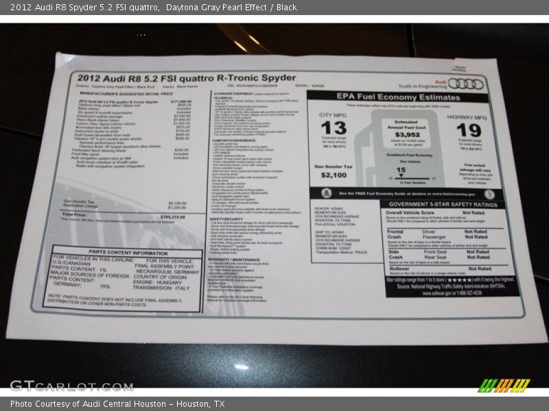 Daytona Gray Pearl Effect / Black 2012 Audi R8 Spyder 5.2 FSI quattro