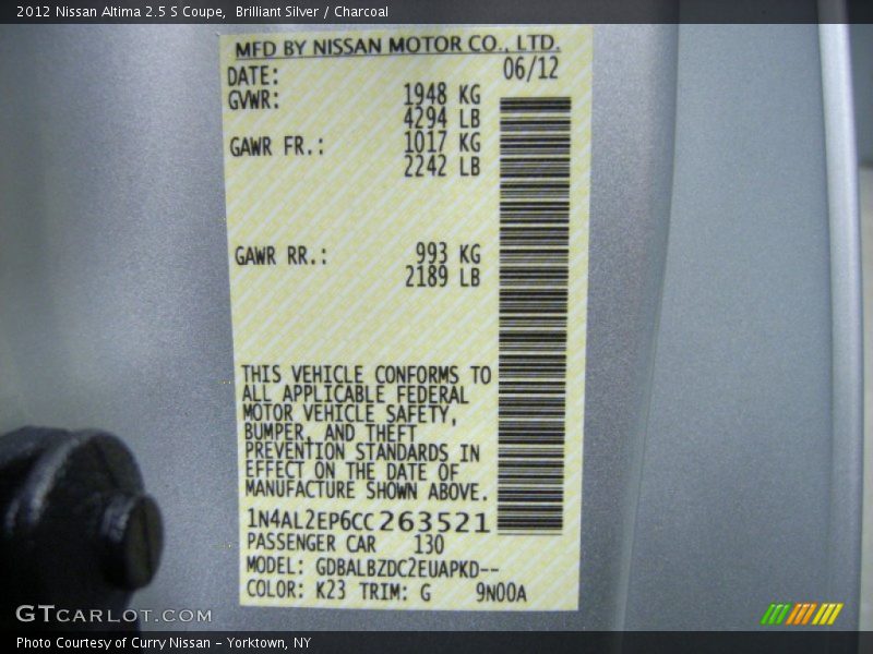 Brilliant Silver / Charcoal 2012 Nissan Altima 2.5 S Coupe