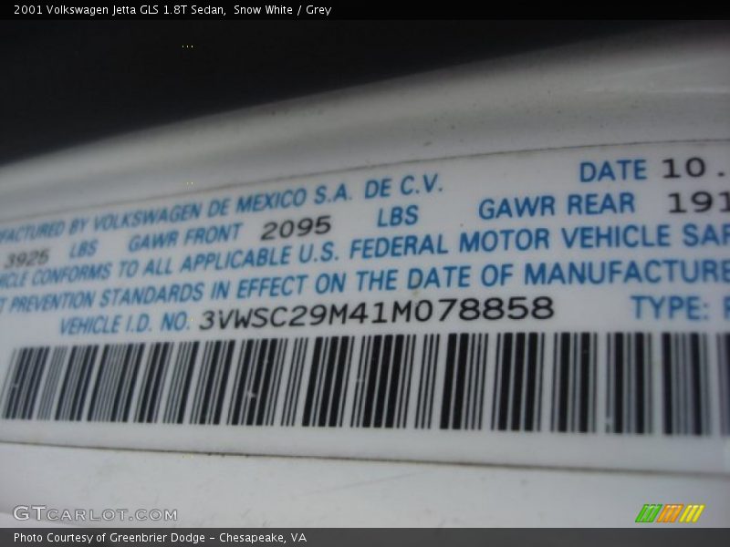 Snow White / Grey 2001 Volkswagen Jetta GLS 1.8T Sedan