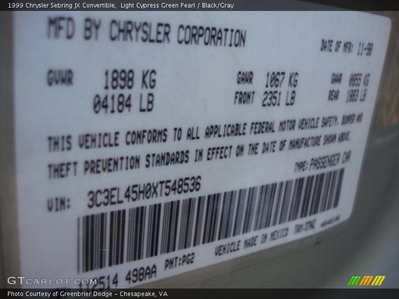 1999 Sebring JX Convertible Light Cypress Green Pearl Color Code PG2