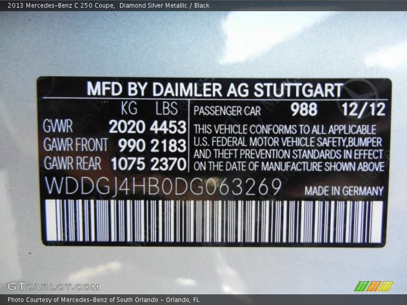 Diamond Silver Metallic / Black 2013 Mercedes-Benz C 250 Coupe