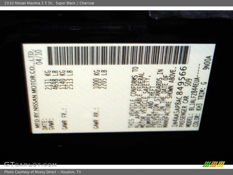 Super Black / Charcoal 2010 Nissan Maxima 3.5 SV
