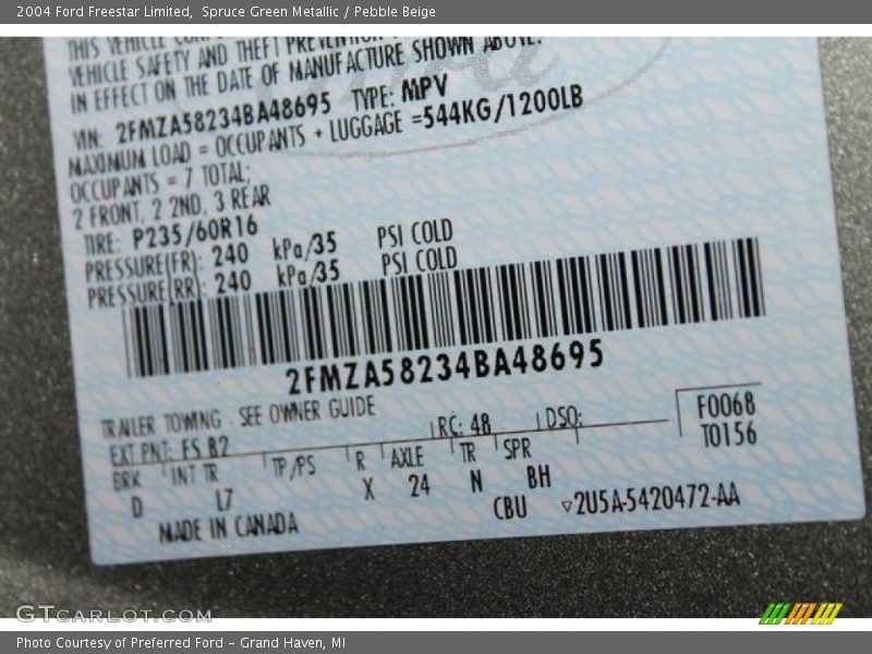 2004 Freestar Limited Spruce Green Metallic Color Code FS