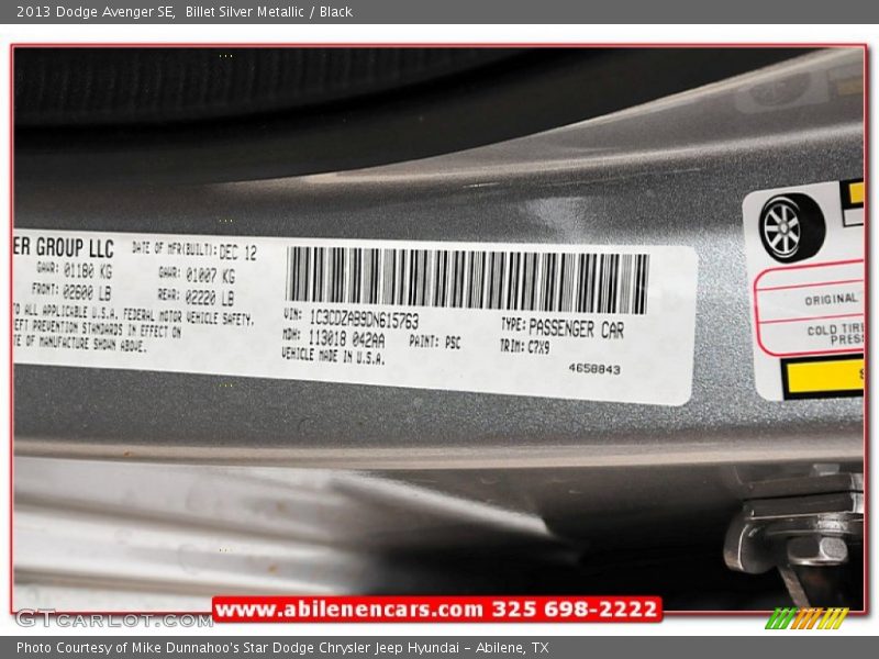 Billet Silver Metallic / Black 2013 Dodge Avenger SE