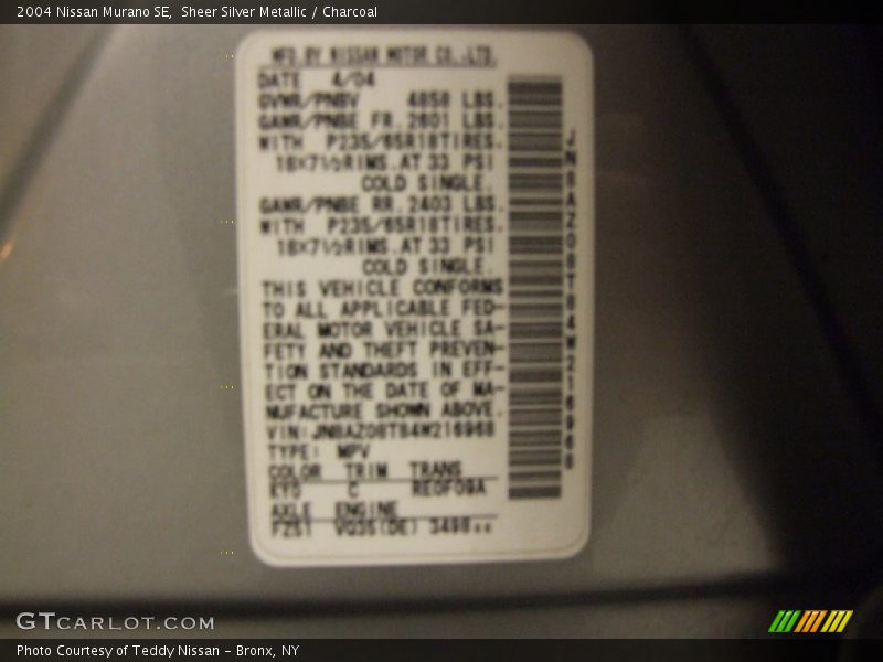 Sheer Silver Metallic / Charcoal 2004 Nissan Murano SE
