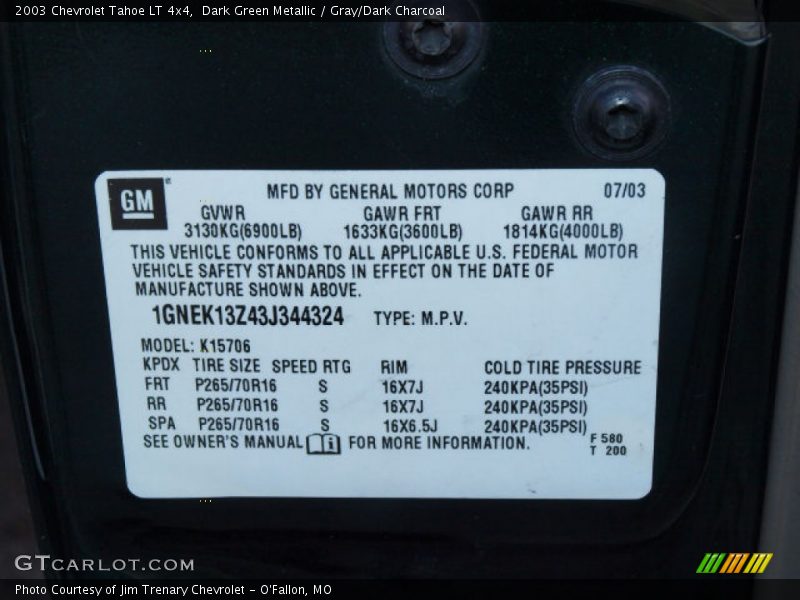 Dark Green Metallic / Gray/Dark Charcoal 2003 Chevrolet Tahoe LT 4x4