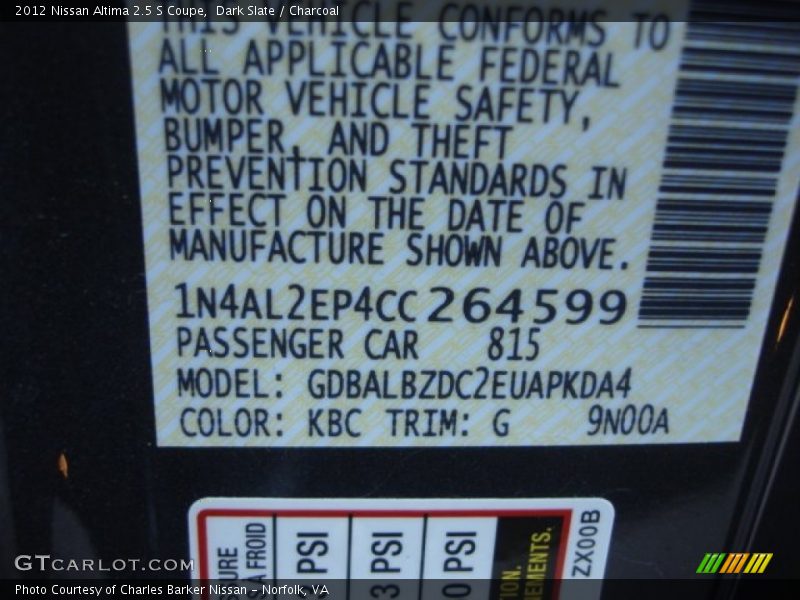2012 Altima 2.5 S Coupe Dark Slate Color Code KBC