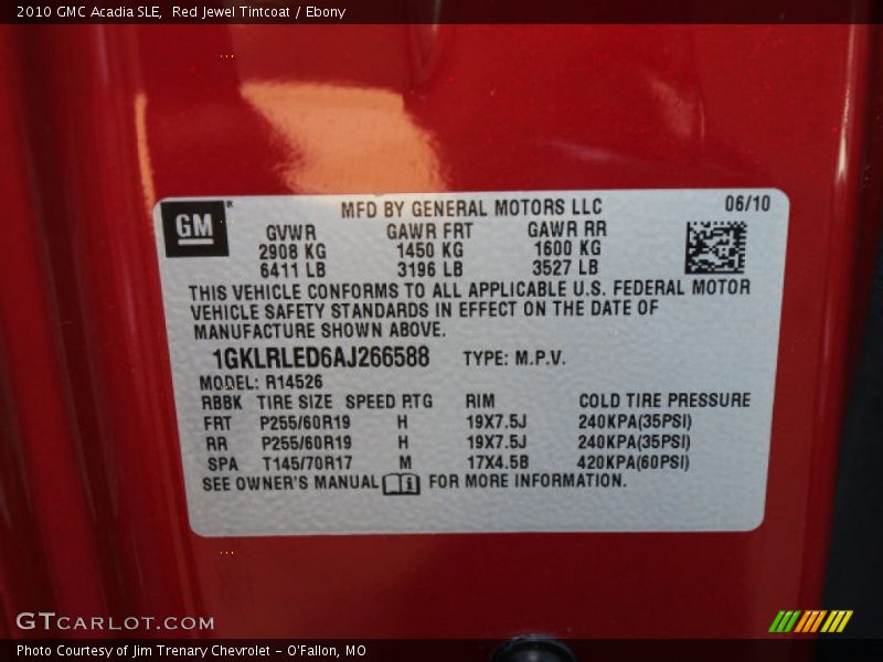 Red Jewel Tintcoat / Ebony 2010 GMC Acadia SLE