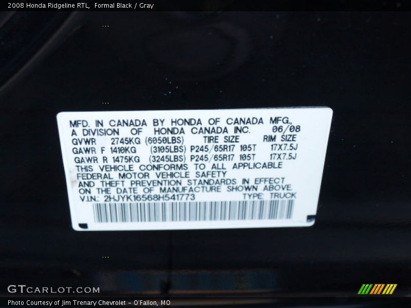 Formal Black / Gray 2008 Honda Ridgeline RTL