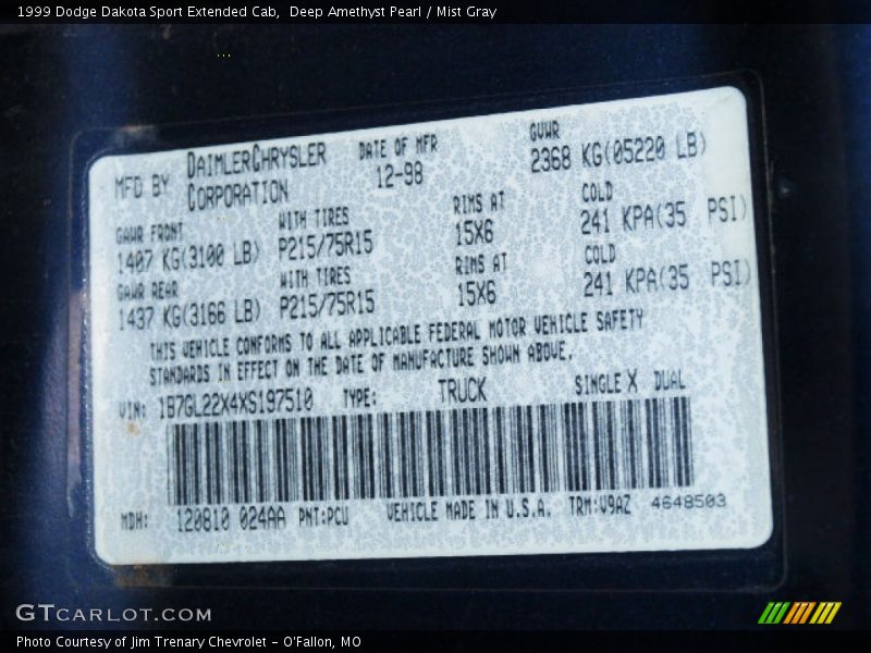 Deep Amethyst Pearl / Mist Gray 1999 Dodge Dakota Sport Extended Cab