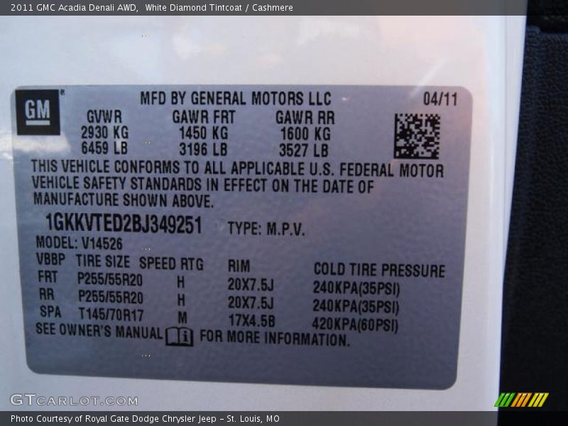 White Diamond Tintcoat / Cashmere 2011 GMC Acadia Denali AWD