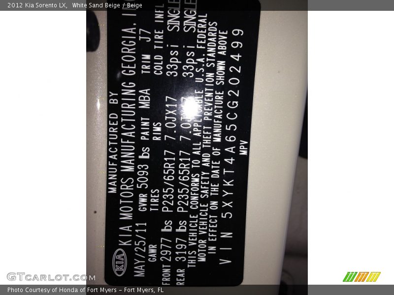 2012 Sorento LX White Sand Beige Color Code MBA