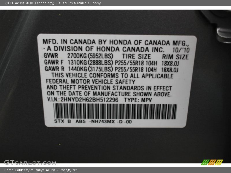 Palladium Metallic / Ebony 2011 Acura MDX Technology