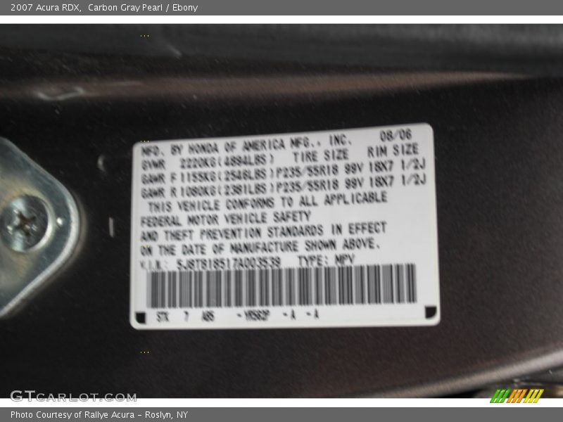 Carbon Gray Pearl / Ebony 2007 Acura RDX