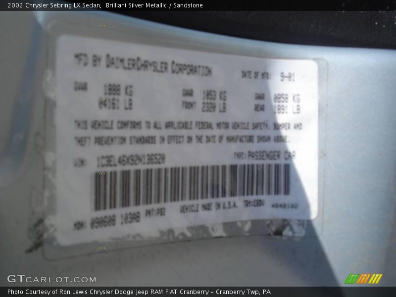 Brilliant Silver Metallic / Sandstone 2002 Chrysler Sebring LX Sedan