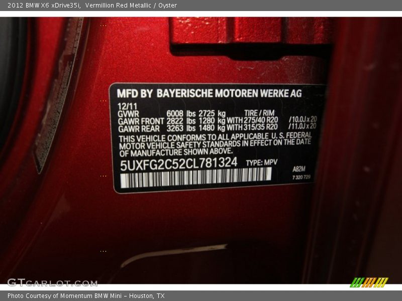 2012 X6 xDrive35i Vermillion Red Metallic Color Code A82