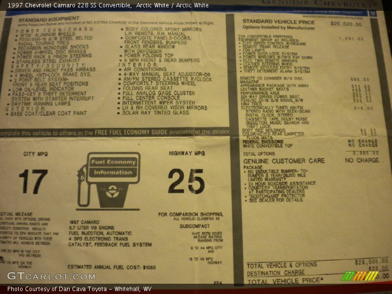  1997 Camaro Z28 SS Convertible Window Sticker