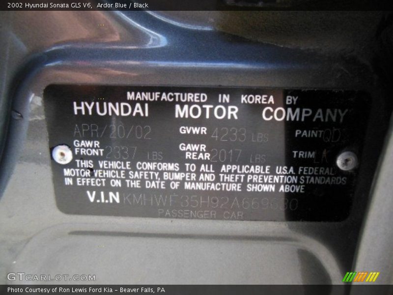 Ardor Blue / Black 2002 Hyundai Sonata GLS V6