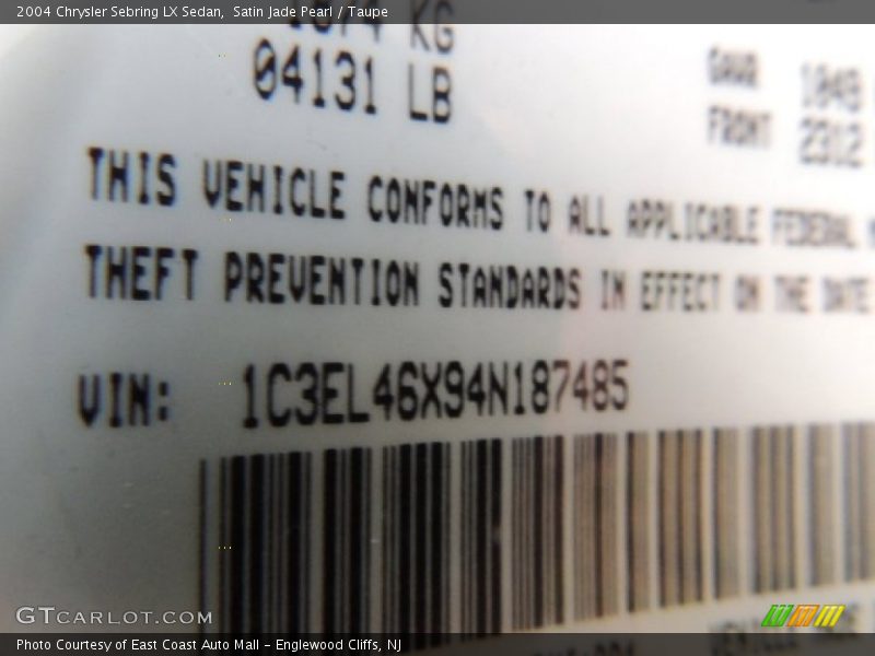 Satin Jade Pearl / Taupe 2004 Chrysler Sebring LX Sedan